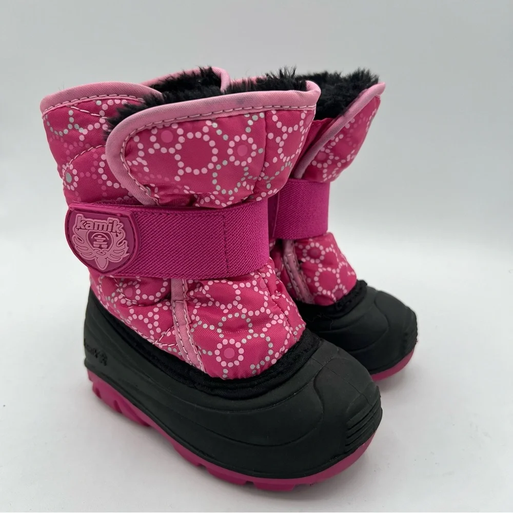 Kamik Snowbug Pink Black Winter Fur Lined Snow Boots Toddler Girls Sz 5 EUC